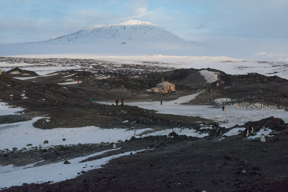 Mount Erebus and Shackleton's hut, Cape Royds, Ross Island