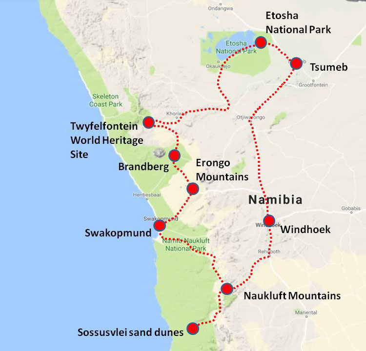 GeoWorld Travel's 2019 Namibia geology tour route map