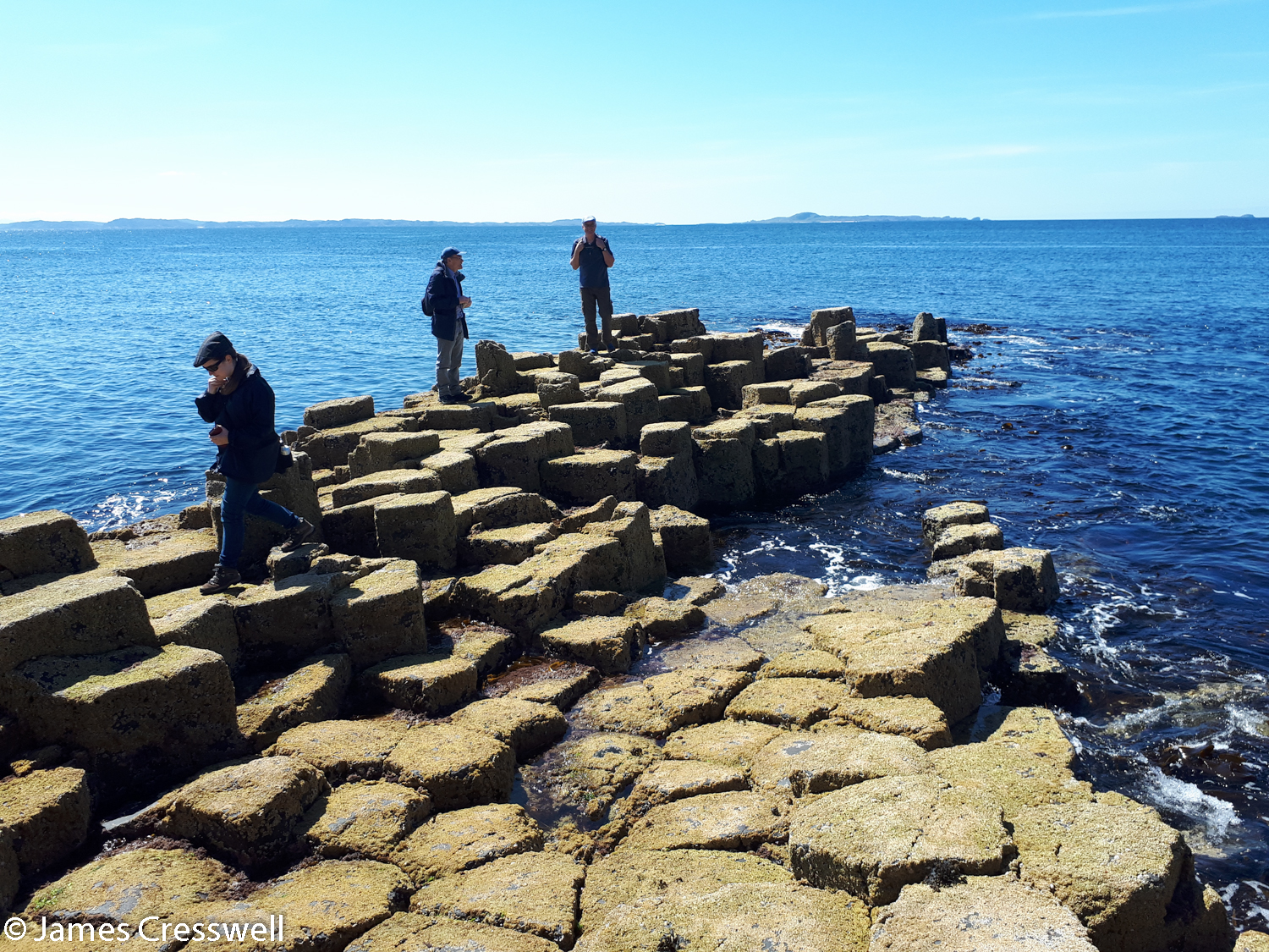 A wave-cut platform with columnar cooling structures, forming a hexagonal pavement