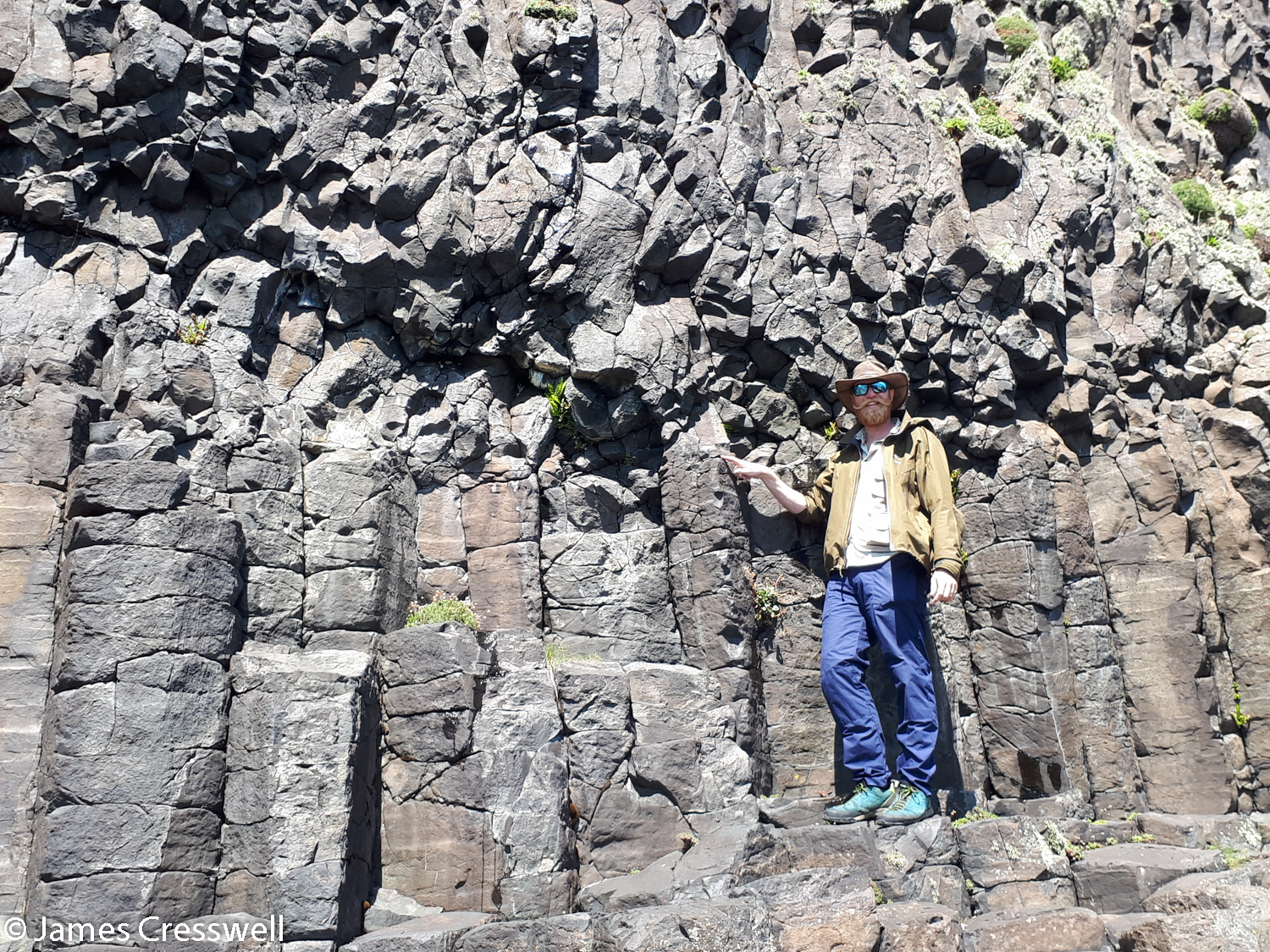Pointing at the junction where the basalt stops forming regular cooling structures and has solidified in a more chaotic entablature structure