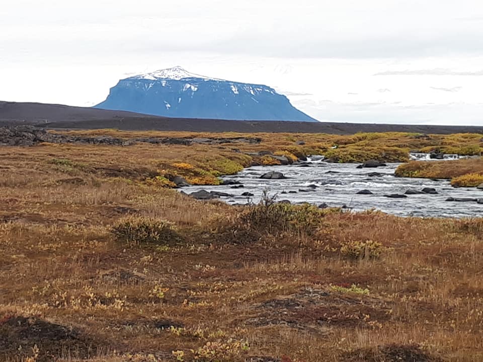 Landscape with river and volcano in distance
