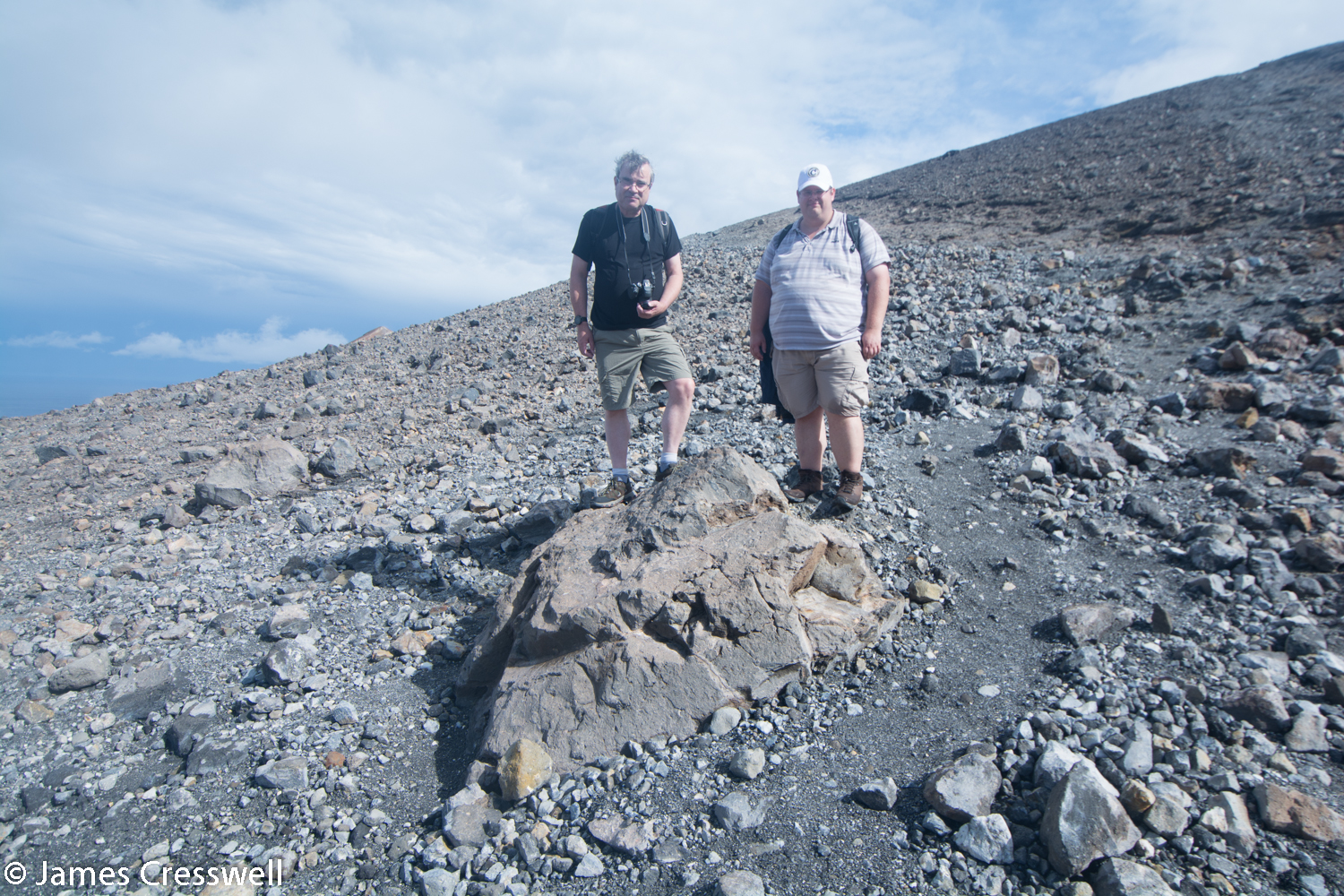 Two men next to a volcanic rock