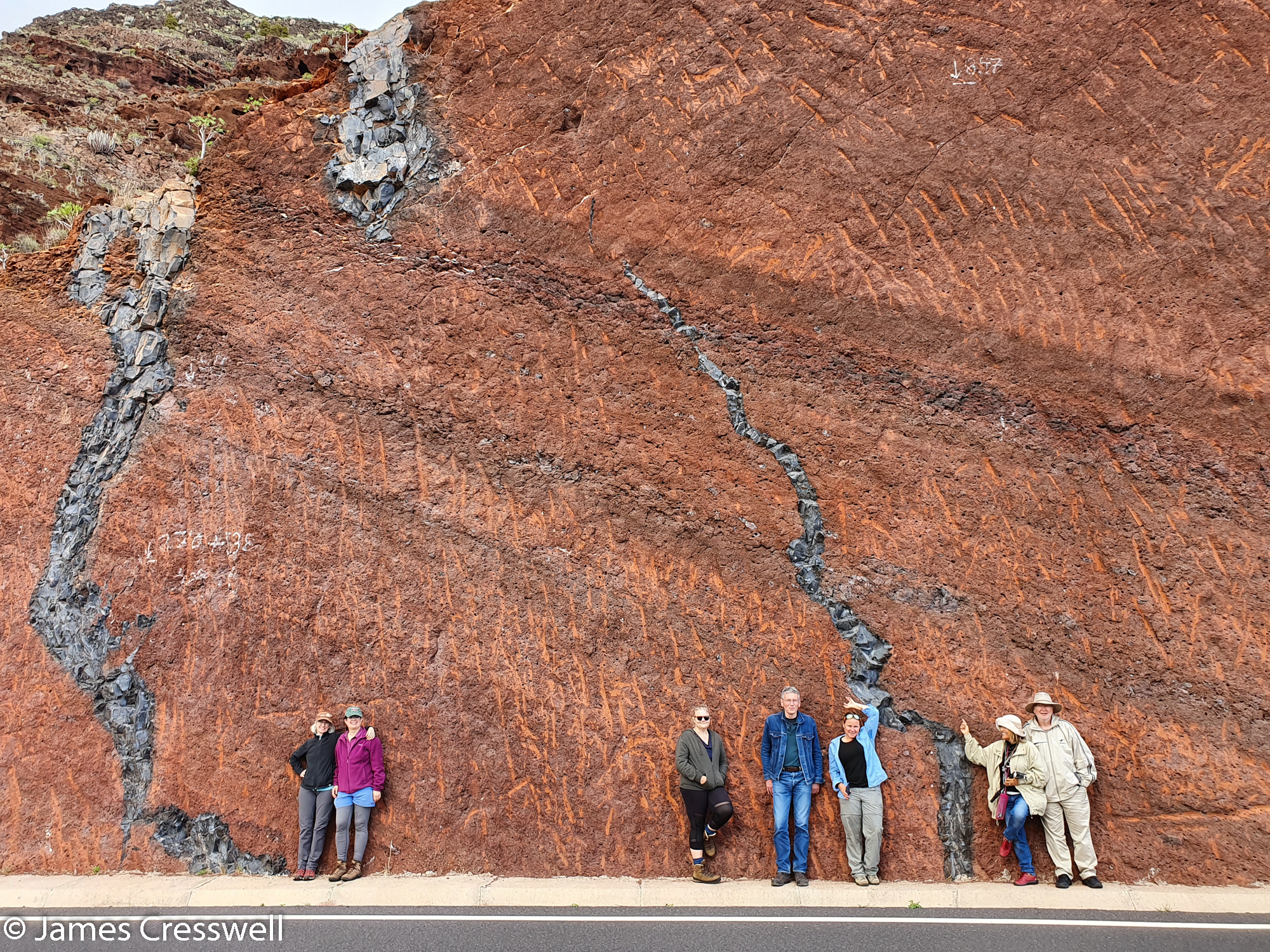 People standing in front of a red cliff face
