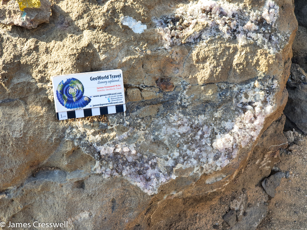 A photograph of white and pink crystals surrounded by yellowy grey rock and a scale card