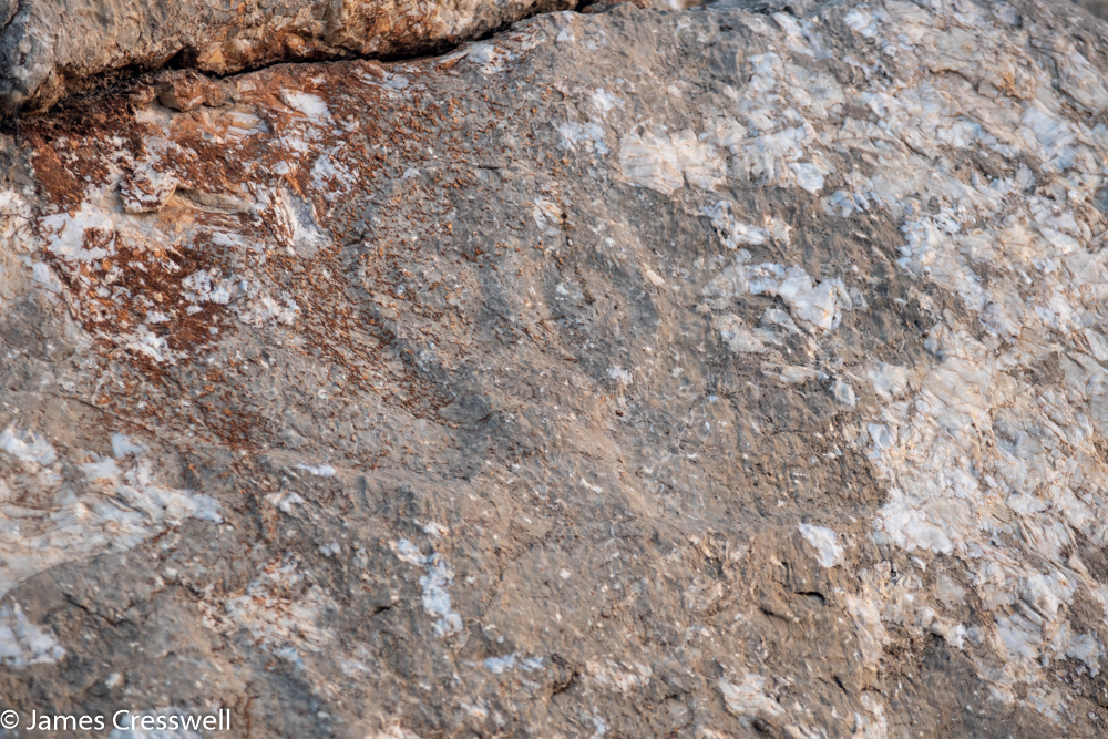 A photograph of a hard to see face engraved into rock