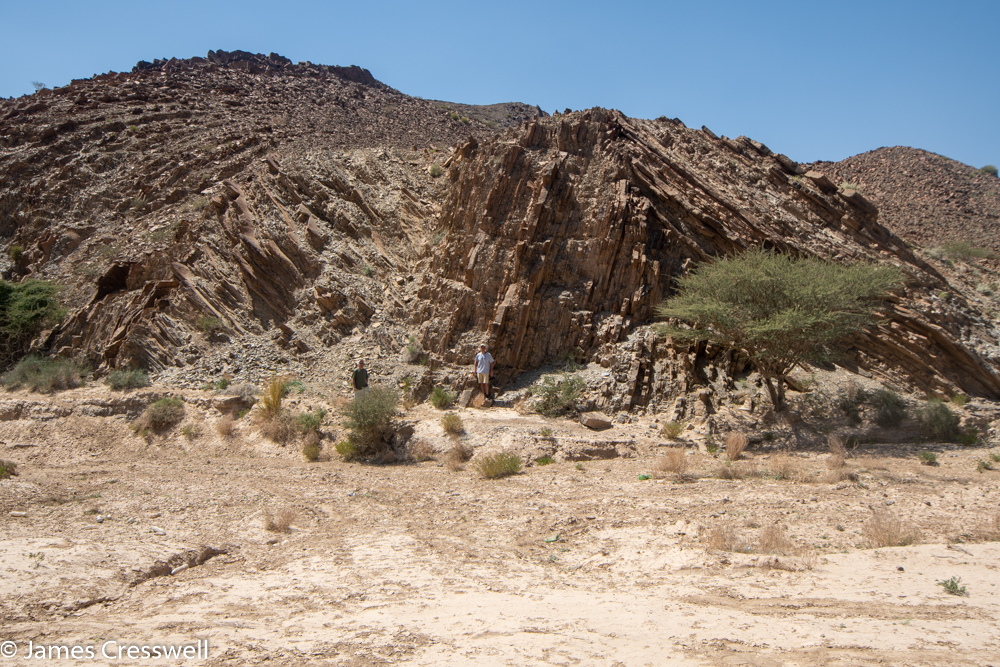 A photograph of rocky hillside. The rock is made up of folded layers