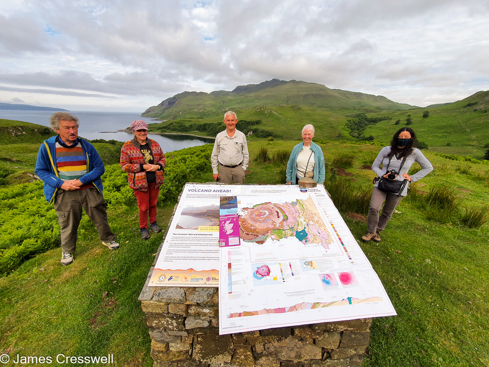 Five people standing behind a sign board with a mountain in the background