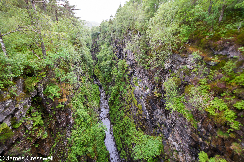 Looking down into a gorge that cuts through layered rock