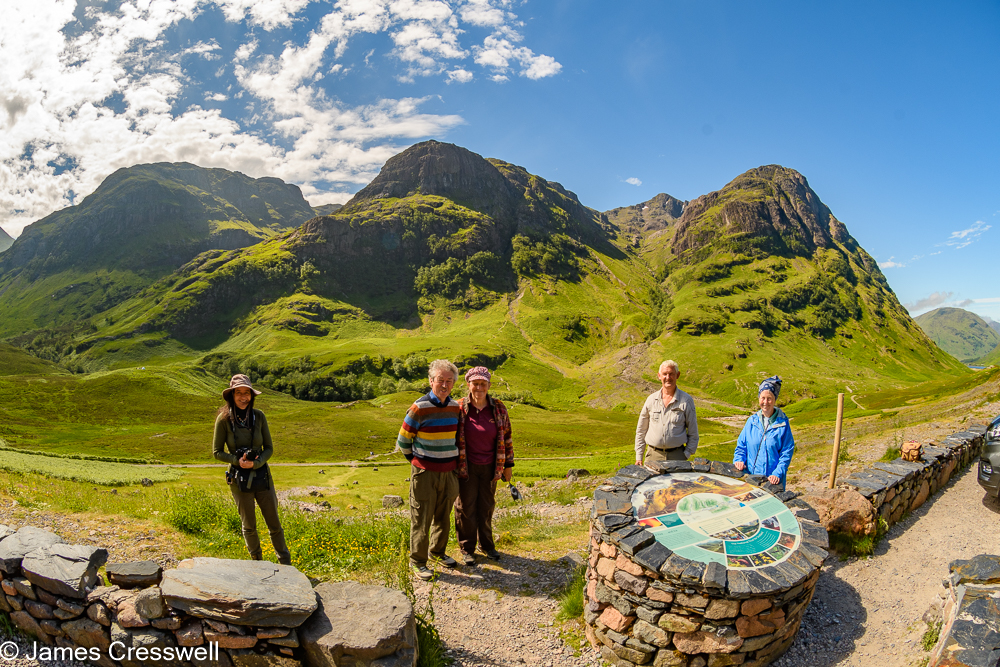 Five people standing next to sign with three mountains in the background