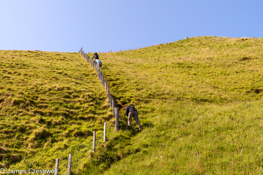A fence on a very steep slope with three people descending using a rope
