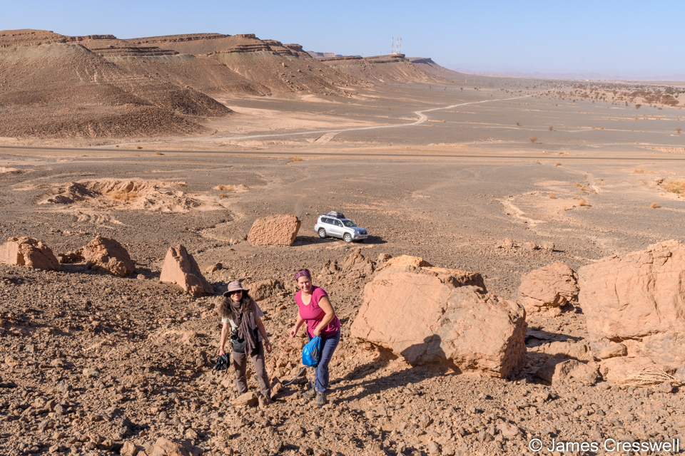 Jebel Issoumour near the village of Bou Dib. A notch many kilometres long called the "Psychopgye Horizon" has been dug into the Eifelian aged rocks, to extract the famous Psychopgye elegans trilobite and various other species.