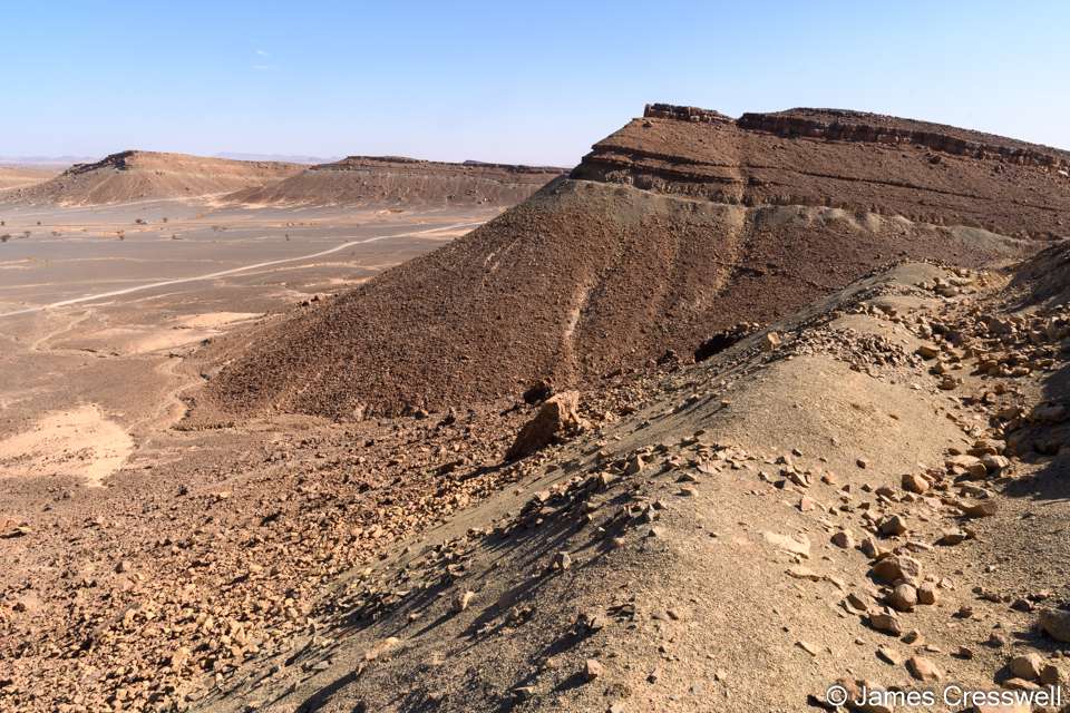 Jebel Issoumour near the village of Bou Dib. A notch many kilometres long called the "Psychopgye Horizon" has been dug into the Eifelian aged rocks, to extract the famous Psychopgye elegans trilobite and various other species.