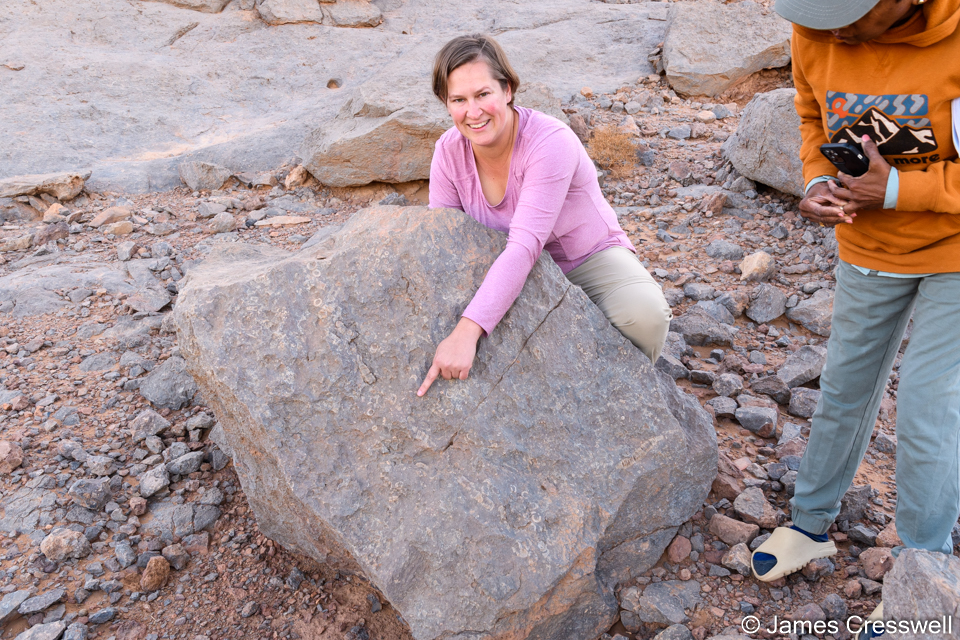 Caitlin and Sita examining crinoid fossils at Guelb el Mharch
