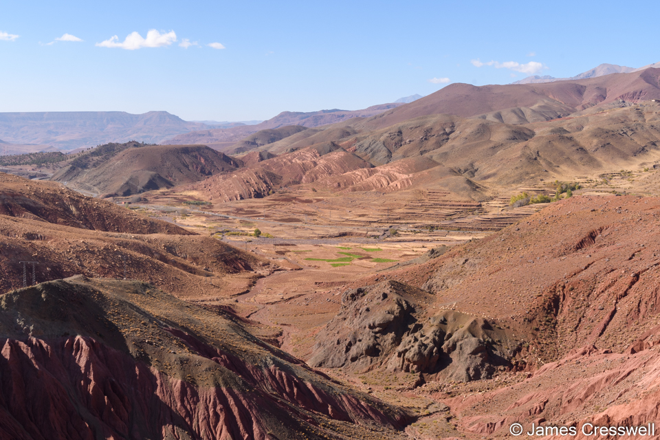 Vertical beds of Triassic sedimentary rock and lava in the High Atlas mountains