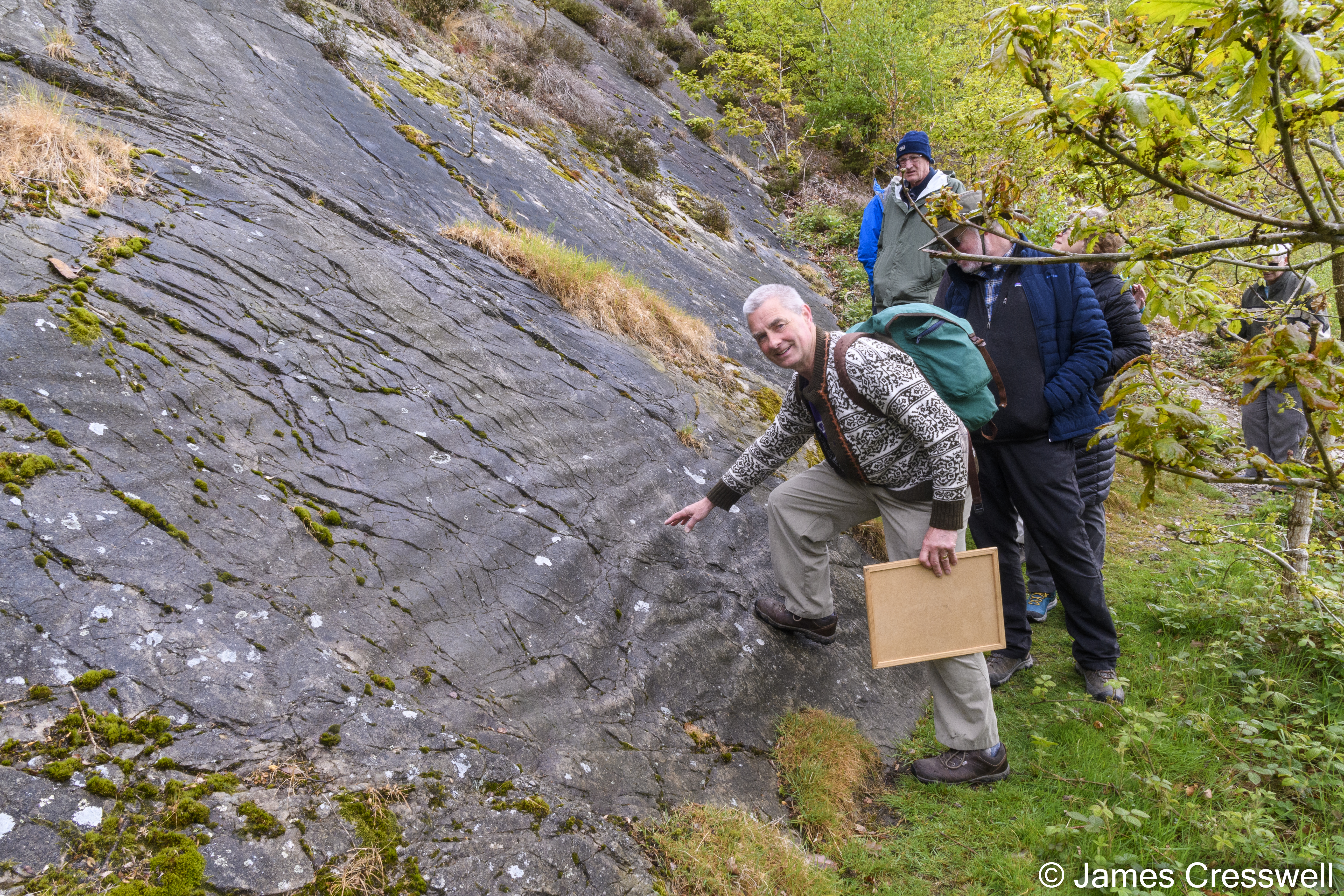 Man pointing at ripples in a rock