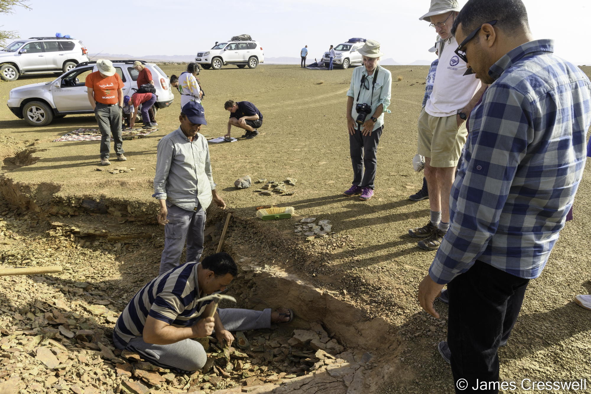 A man digs for fossils watched by tourists