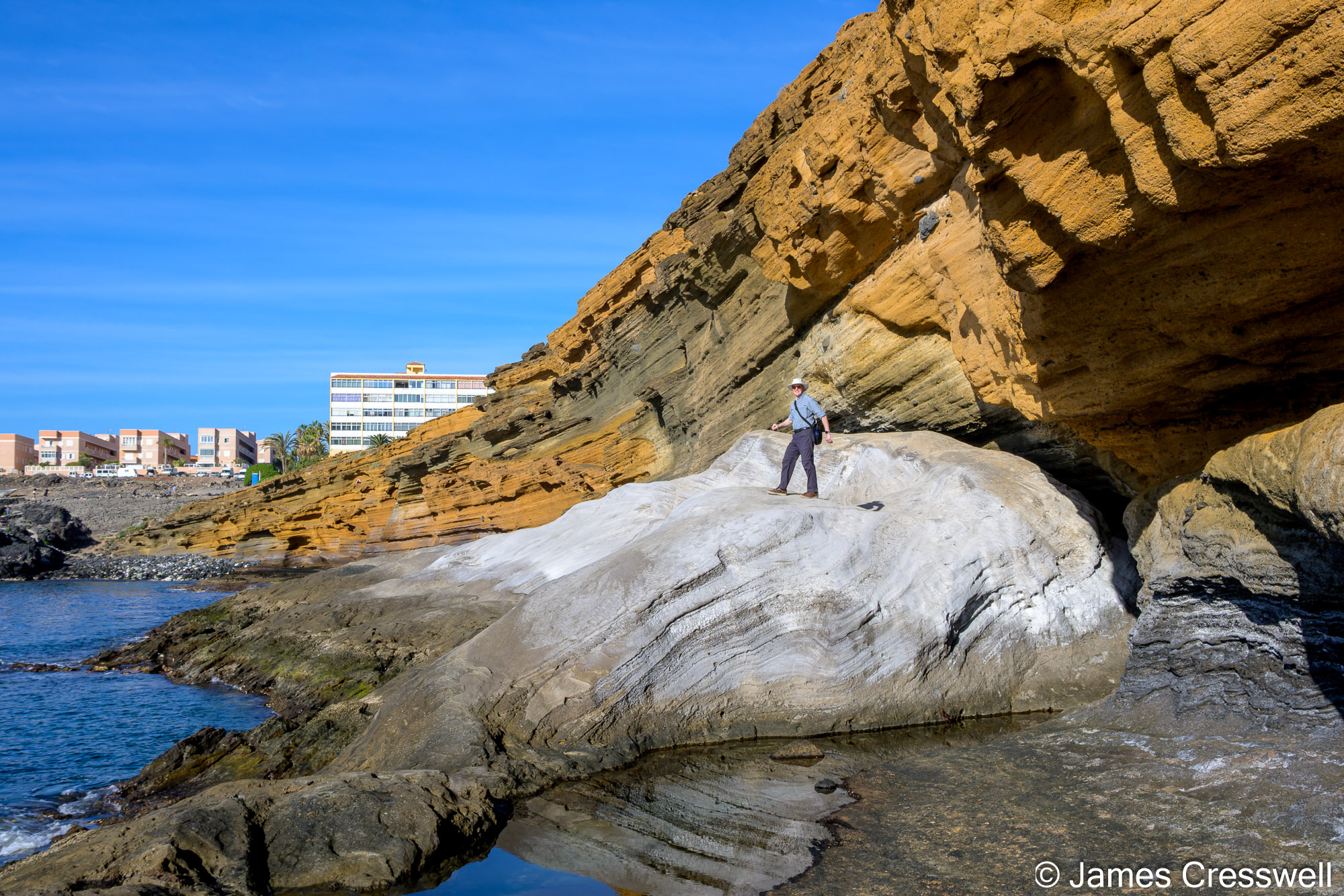 Nick standing on a ‘fossilised’ beach sand dune the base of the Amarilla Cone.